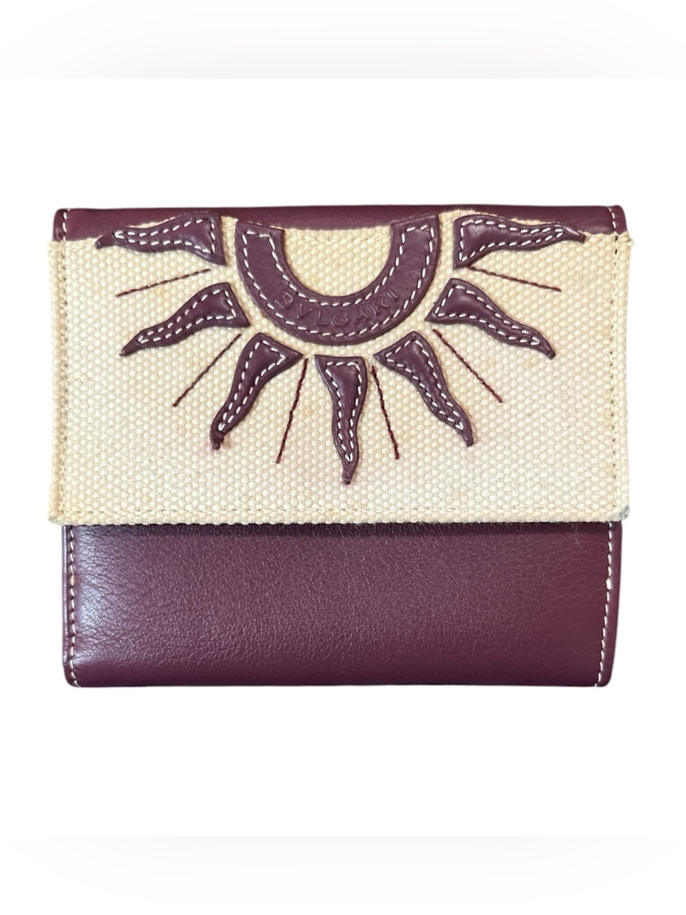 Vintage BVLGARI Tondo Sun Bifold Wallet Burgundy Leather Cream Canvas Box Set
